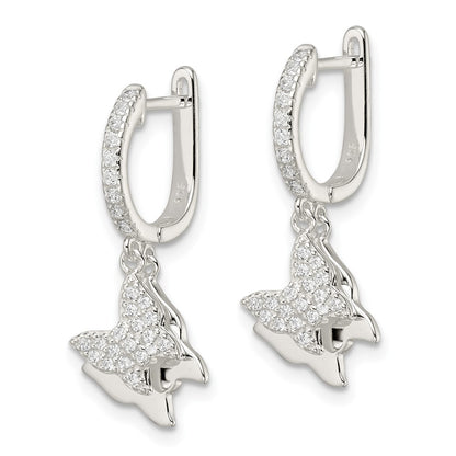 Sterling Silver Polished Cz Dangle Butterflies Hinged Post Earrings