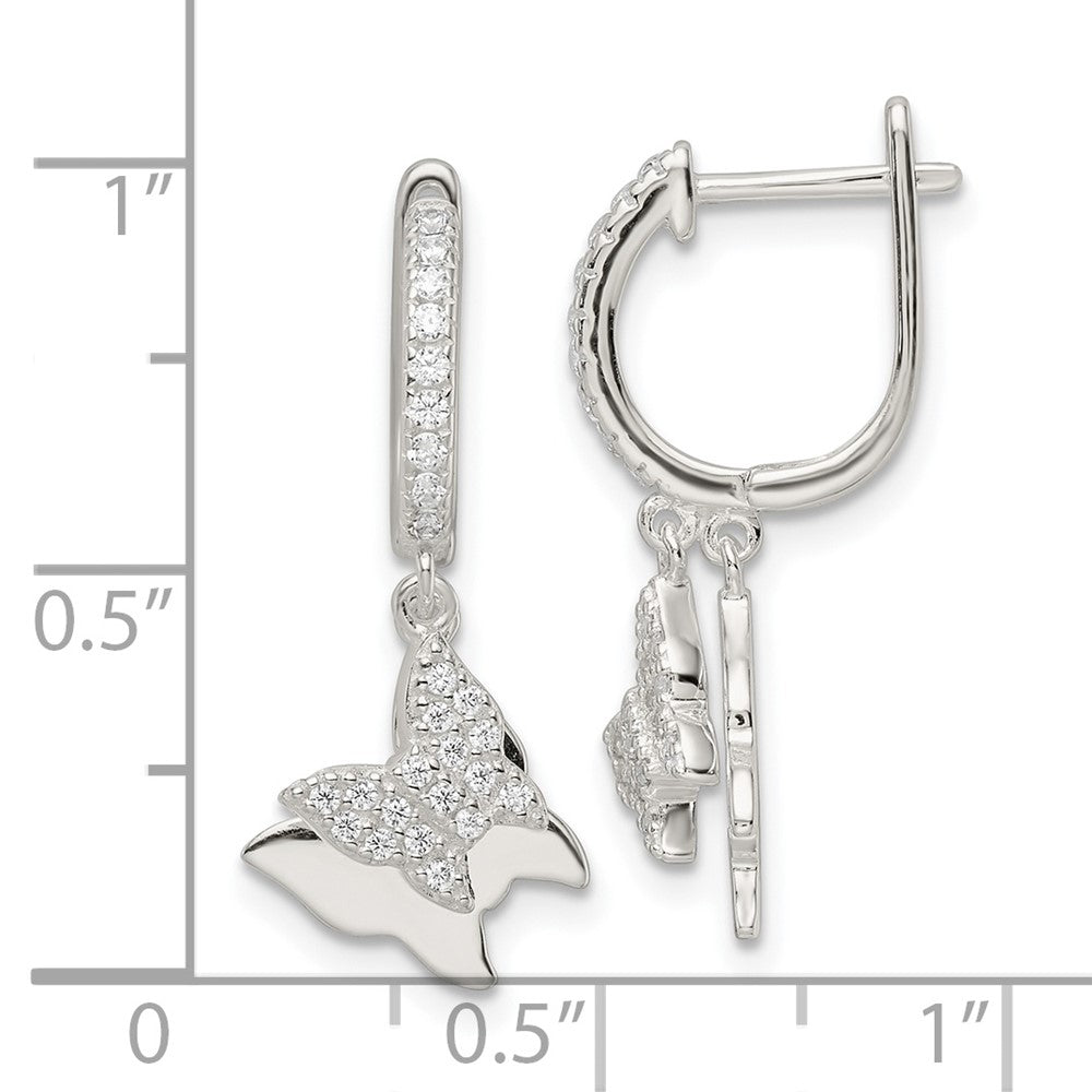 Sterling Silver Polished Cz Dangle Butterflies Hinged Post Earrings
