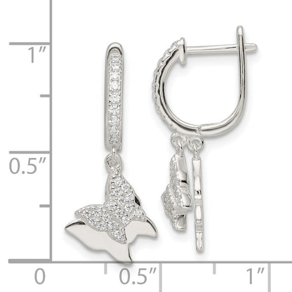 Sterling Silver Polished Cz Dangle Butterflies Hinged Post Earrings