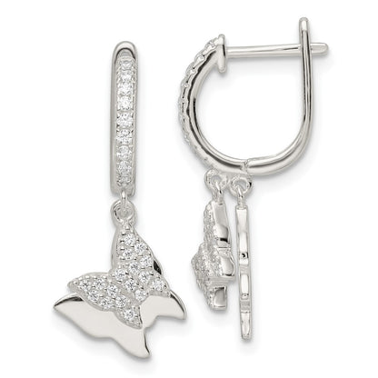 Sterling Silver Polished Cz Dangle Butterflies Hinged Post Earrings