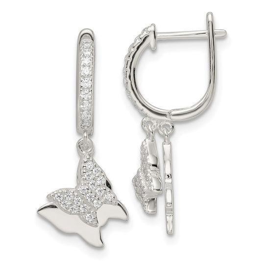 Sterling Silver Polished Cz Dangle Butterflies Hinged Post Earrings