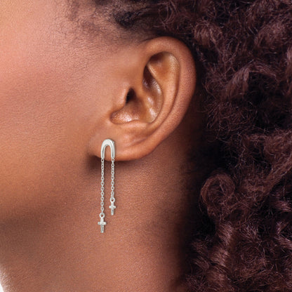 Sterling Silver Polished & D/C Cross Multi-Chain Post Dangle Earrings
