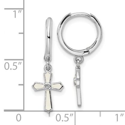 Sterling Silver Rhodium-Plated Polished Cz & White Enamel Passion Cross Dangle Round Hoop Earrings