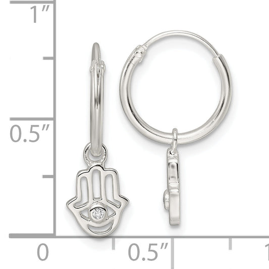 Sterling Silver Polished Cz Hamsa Dangle Endless Round Hoop Earrings