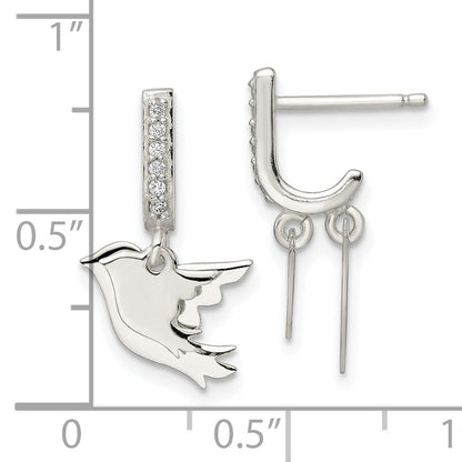 Sterling Silver Polished Cz Two Doves J-Hoop Post Earrings