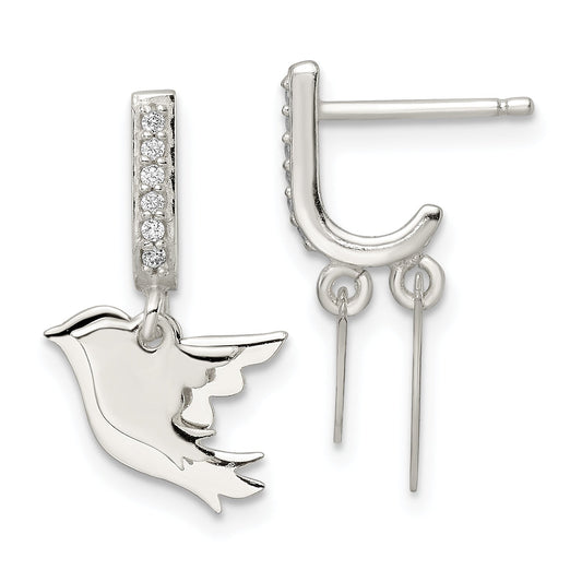Sterling Silver Polished Cz Two Doves J-Hoop Post Earrings