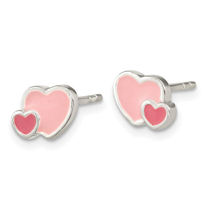 Sterling Silver Rhodium-Plated Pink Enamel Double Heart Post Earrings