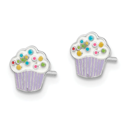 Sterling Silver Rhodium-Plated Polished Multi-Color Enameled Cupcake Children'S Post Earrings
