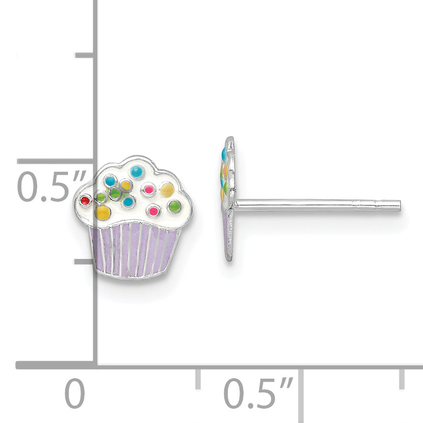 Sterling Silver Rhodium-Plated Polished Multi-Color Enameled Cupcake Children'S Post Earrings