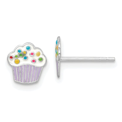 Sterling Silver Rhodium-Plated Polished Multi-Color Enameled Cupcake Children'S Post Earrings