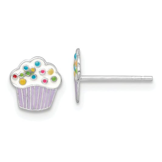 Sterling Silver Rhodium-Plated Polished Multi-Color Enameled Cupcake Children'S Post Earrings