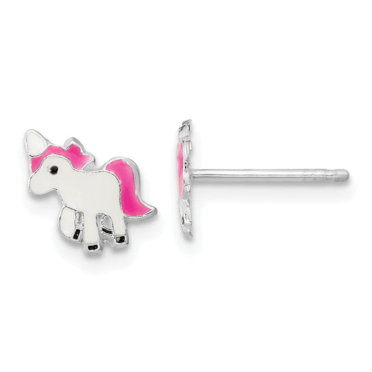 Sterling Silver Rhodium-Plated Polished Multi-Color Enameled Pink Unicorn Children'S Post Earrings