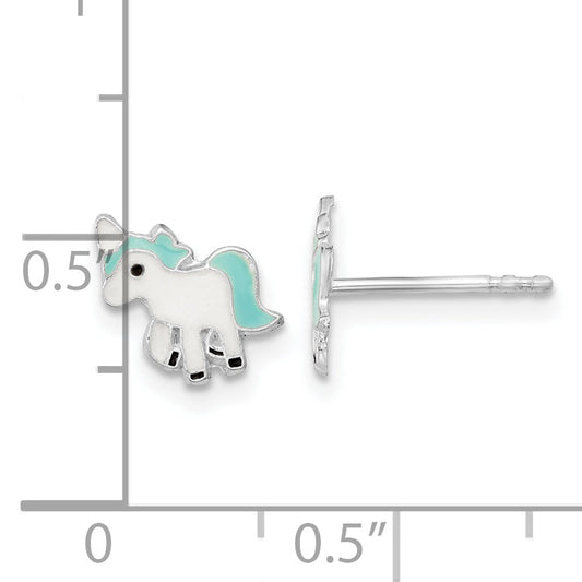 Sterling Silver Rhodium-Plated Polished Multi-Color Enameled Blue Unicorn Children'S Post Earrings