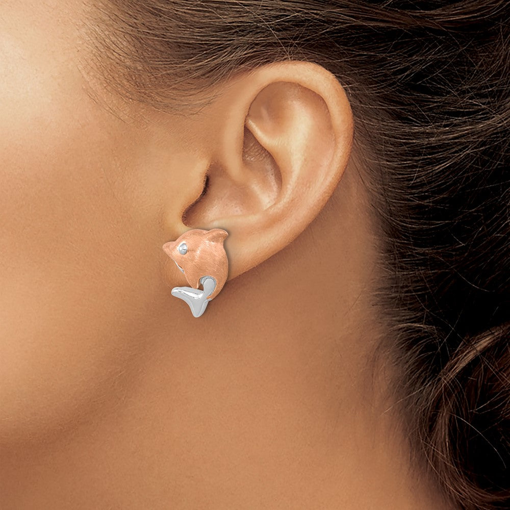 Ss/Rose Plated Sterling Silver Rh-Plated & Rose Gold-Plated Dolphin Post Earrings