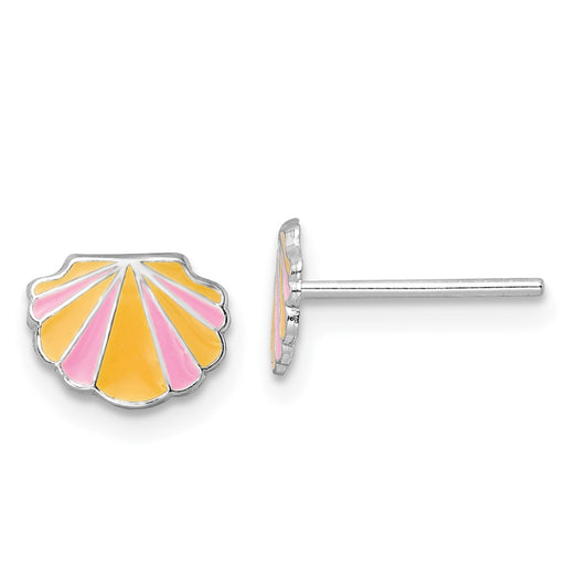 Sterling Silver Rhodium-Plated Polished Pink And Orange Enameled Shell Children'S Post Earrings