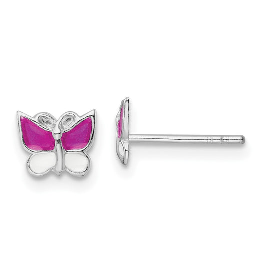 Sterling Silver Rhodium-Plated Polished Pink & White Enameled Butterfly Children'S Post Earrings
