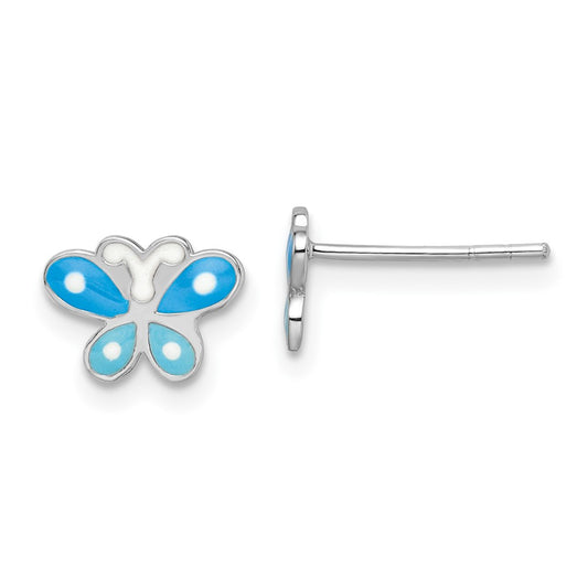Sterling Silver Rhodium-Plated Polished Blue Enameled Butterfly Children'S Post Earrings