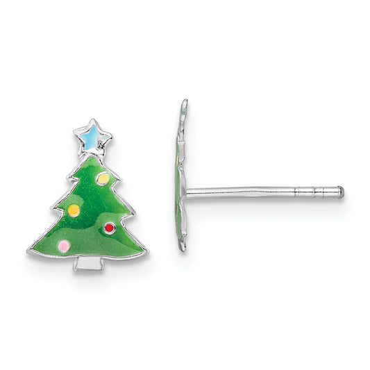 Sterling Silver Rhodium-Plated Polished Multi-Color Enameled Christmas Tree Children'S Post Earrings