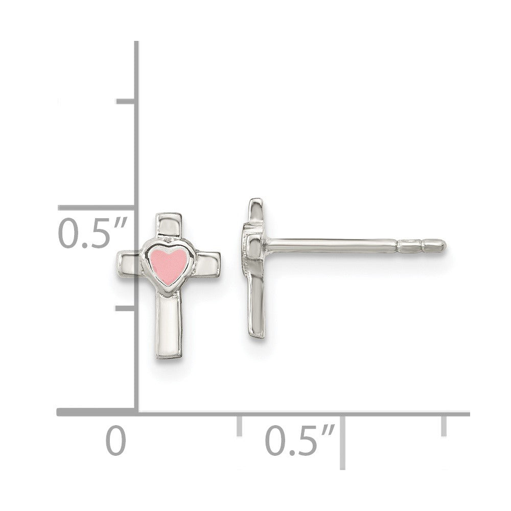Sterling Silver Rhodium-Plated Cross Pink Enamel Heart Post Earrings