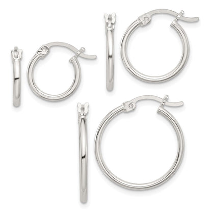 Sterling Silver Rhodium-Plated Polished Set of 3 Hoop Earring Set