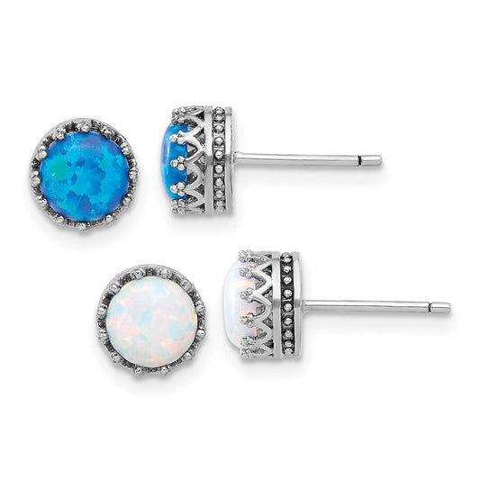 Sterling Silver Rhodium Plated 7mm Cr. Blue Opal / White Opal Post Earring Set