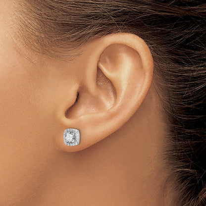 Sterling Silver Rhodium Plated Polished CZ Square Center Halo Post Earrings