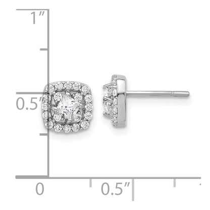 Sterling Silver Rhodium Plated Polished CZ Square Center Halo Post Earrings