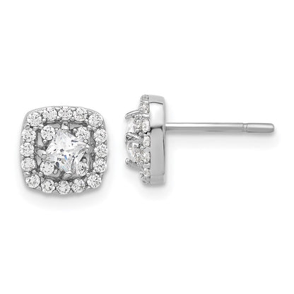 Sterling Silver Rhodium Plated Polished CZ Square Center Halo Post Earrings