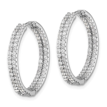 Sterling Silver Rhodium-Plated Double Row CZ in and Out Hoop Earrings