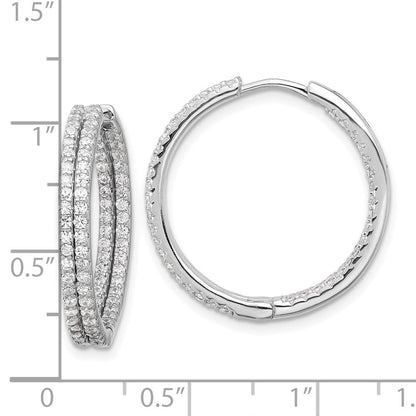 Sterling Silver Rhodium-Plated Double Row CZ in and Out Hoop Earrings
