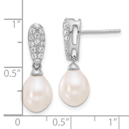 Sterling Silver Rhodium Plated 8-9mm Fwc Pearl and CZ Post Dangle Earrings