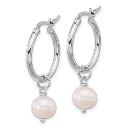 Sterling Silver Rhodium Plated Polished Fwc Pearl Dangle Round Hoop Earrings