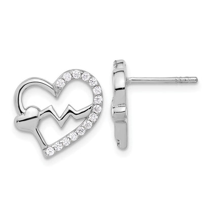 Sterling Silver Rhodium-Plated Polished CZ Heartbeat Heart Post Earrings