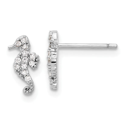 Sterling Silver Rhodium-Plated Polished CZ Seahorse Post Earrings