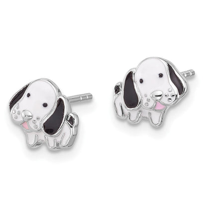 Sterling Silver Rhodium-Plated Black and White Enamel Dog Post Earrings