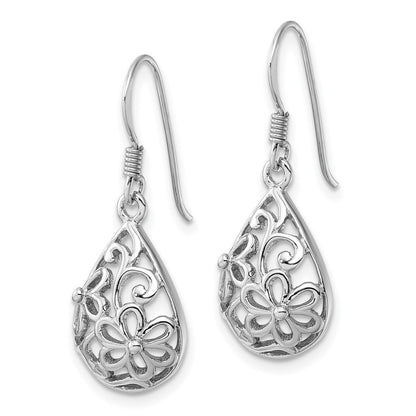 Sterling Silver Rhodium-Plated Polished Domed Filigree Flower Earrings