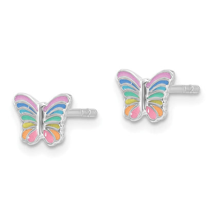 Sterling Silver Rhodium Plated Rainbow Enamel Butterfly Children's Post Earrings