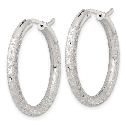 Sterling Silver Laser/dia-Cut 30x3.25mm Hidden Catch Round Hoop Earrings