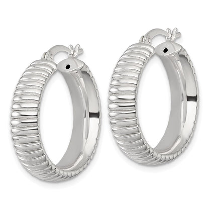 Sterling Silver Polished and Grooved 26x7mm Round Hoop Earrings
