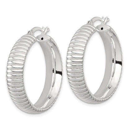 Sterling Silver Polished and Grooved 32x7.5mm Round Hoop Earrings