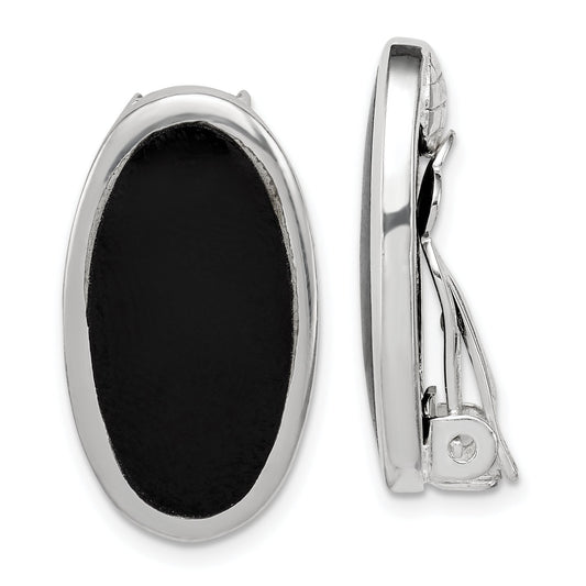 Sterling Silver Rhodium-Plated Polished Onyx Non-Pierced Oval Earrings