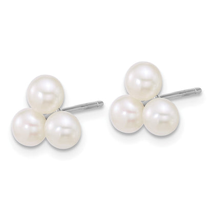 Sterling Silver Rhodium Plated 5-6mm White Fwc 3-Pearl Post Earrings