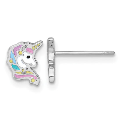 Sterling Silver Rhodium-Plated Enamel Unicorn Head Children's Post Earrings