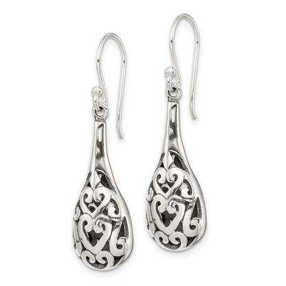Sterling Silver Polished & Antiqued Filigree Heart Teardrop Dangle Earrings