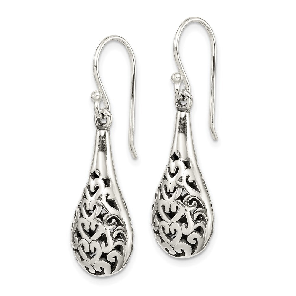 Sterling Silver Polished & Antiqued Fancy Filigree Heart Dangle Earrings