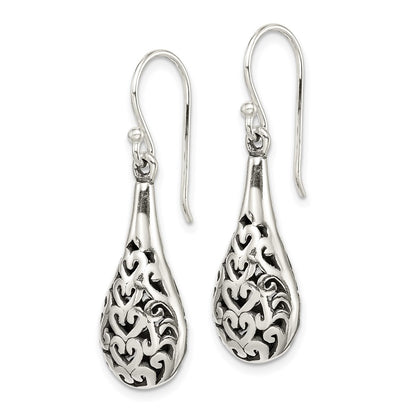 Sterling Silver Polished & Antiqued Fancy Filigree Heart Dangle Earrings