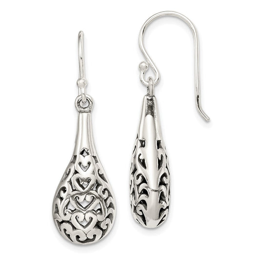 Sterling Silver Polished & Antiqued Fancy Filigree Heart Dangle Earrings