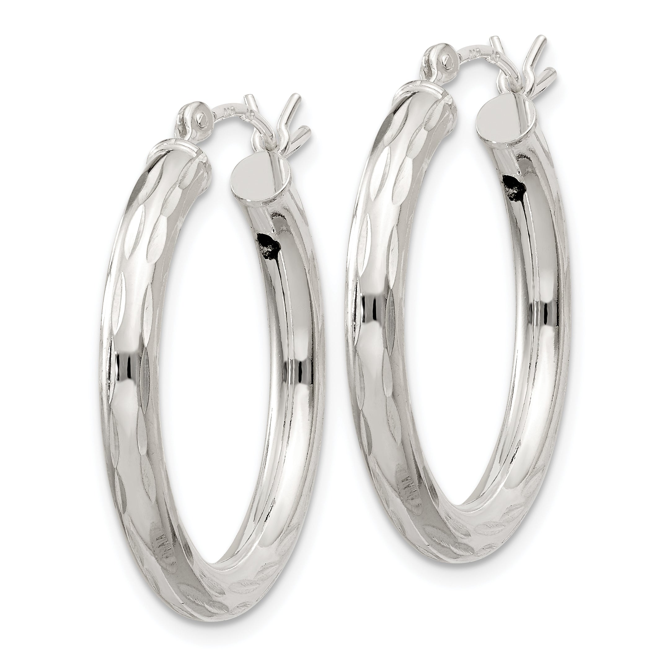 Sterling Silver Diamond-Cut Satin 3X25mm Hoop Earrings