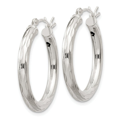 Sterling Silver Diamond-Cut Satin 3X25mm Hoop Earrings