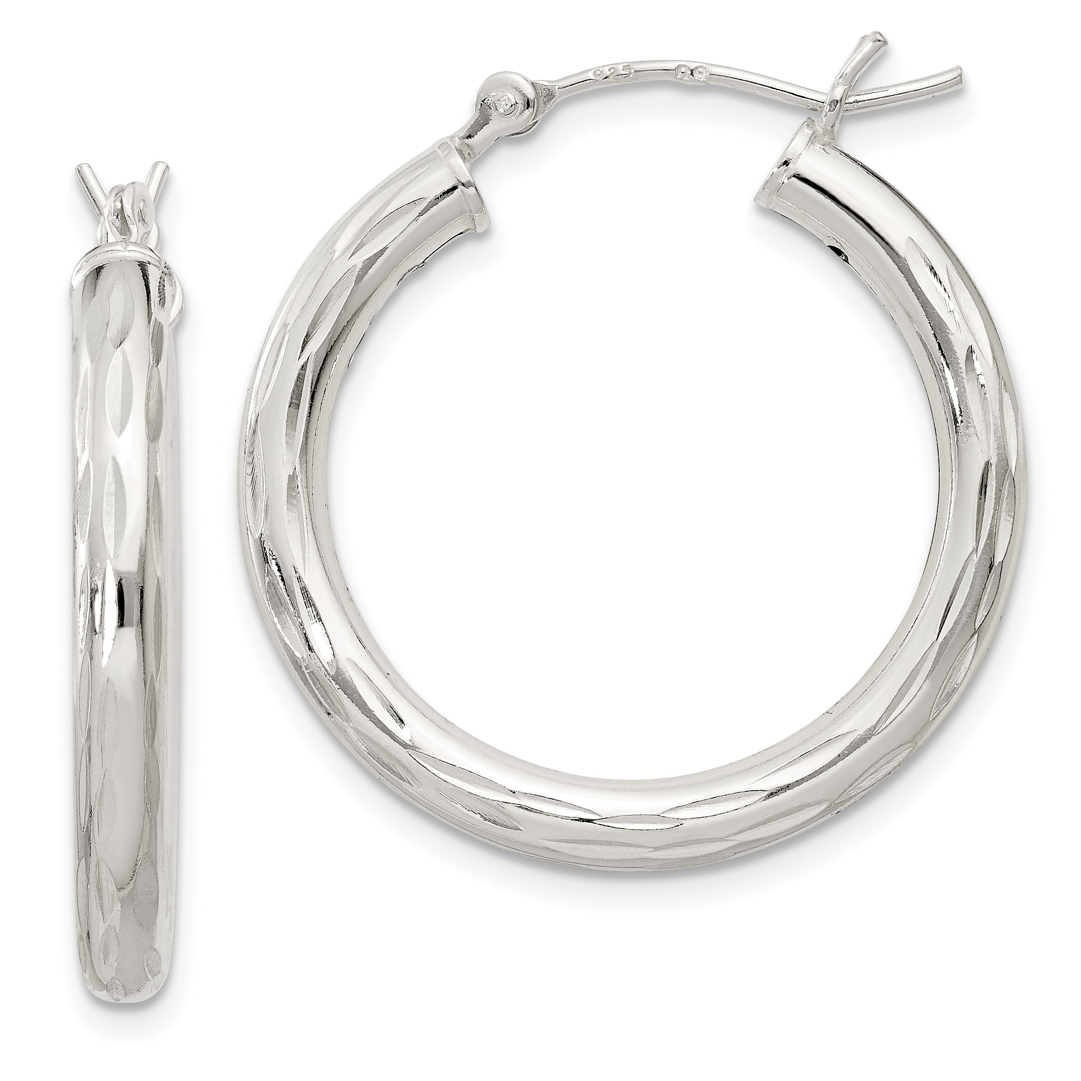 Sterling Silver Diamond-Cut Satin 3X25mm Hoop Earrings